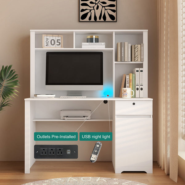 English Elm Computer Desk Modern Home Office with Hutch & Bookshelf, Spacious MDF Surface, Drawers, 3 AC/2 USB Ports, White, Compact Storage Solution W1321S00001