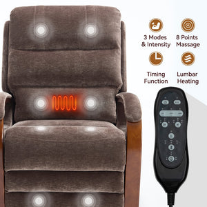 English Elm Power Lift Recliner Chair Chenille Upholstery Dual Motor Heat Massage Solid Wood Arms Brown W1803S00068