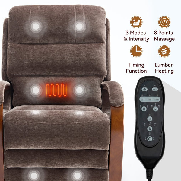 English Elm Power Lift Recliner Chair Chenille Upholstery Dual Motor Heat Massage Solid Wood Arms Brown W1803S00068
