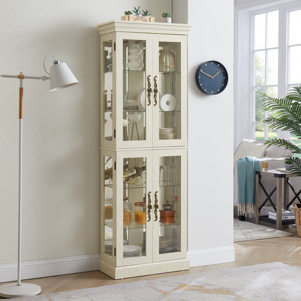 English Elm Lighted Glass Curio Display Cabinet with Quiet Hinge, Internal LED Lighting, Adjustable Shelves, Vintage Carved Handle Antique White W2275P199812