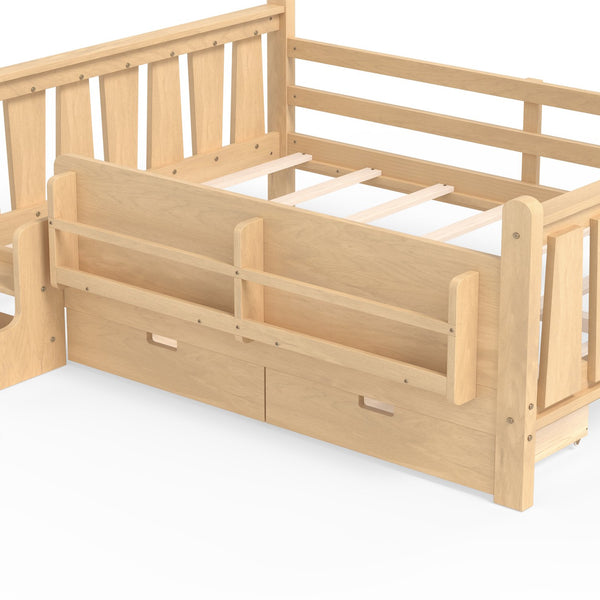 English Elm Twin Kids Platform Bed with Trundle Staircase Bookshelf and Rounded Safety Rails Light Natural W1580S00541