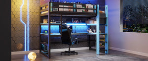English Elm Twin Loft Bed with Rgb Lighting Usb Ports Wraparound Shelves and Gaming Desk Blue LT000298AAC