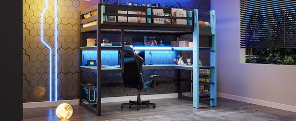 English Elm Twin Loft Bed with Rgb Lighting Usb Ports Wraparound Shelves and Gaming Desk Blue LT000298AAC