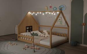 English Elm Full House Bed Frame with Window & Fence Playhouse Design, Sturdy Pine/MDF, Safe 400lb Capacity Natural N709P215545N