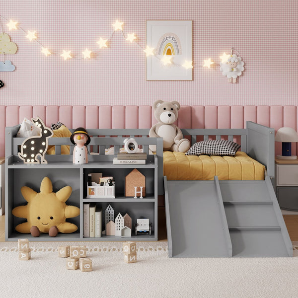 English Elm Twin Low Loft Bed for Kids with Slide Climbing Structure and Movable Bookshelf W2593P457237