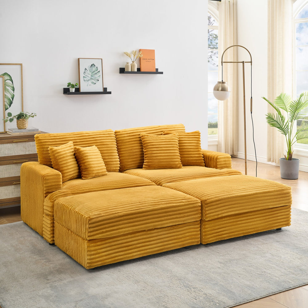 English Elm 82 Inch Orange Corduroy Sofa With 2 Storage Footstools & 4 Toss Pillows – Stylish Comfort For Any Space W1658S00113