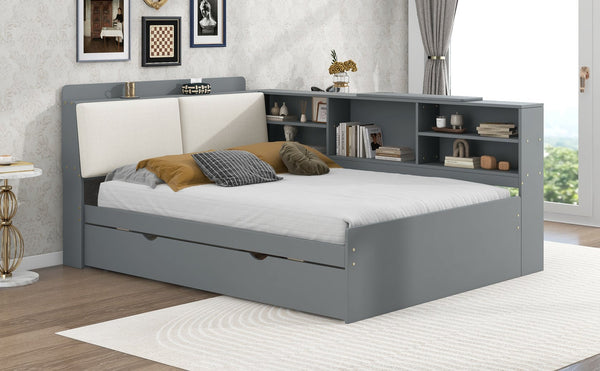 English Elm Wood Full Size platform bed with trundle, built-in storage headboard and shelves, sturdy pine frame Gray GX002055AAE
