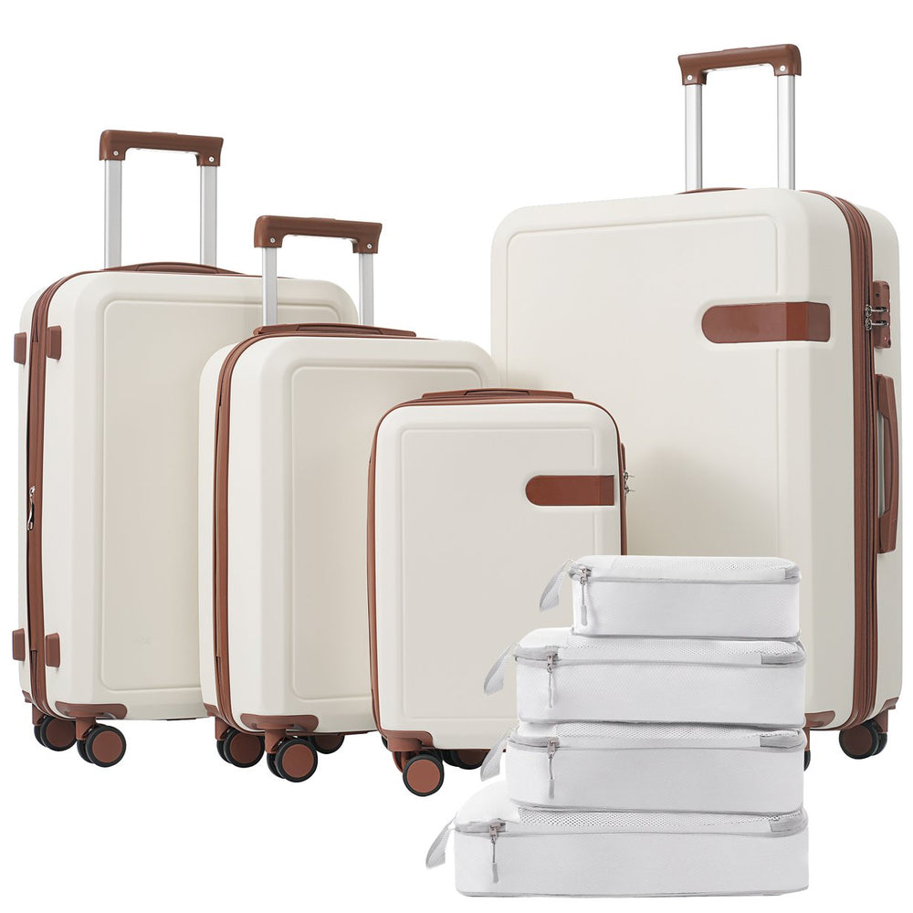 English Elm 4 Piece Hard Shell Abs Luggage Set with Spinner Wheels Tsa Lock and Packing Cubes Brown+White N732P197378K