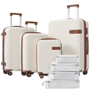 English Elm 4 Piece Hard Shell Abs Luggage Set with Spinner Wheels Tsa Lock and Packing Cubes Brown+White N732P197378K