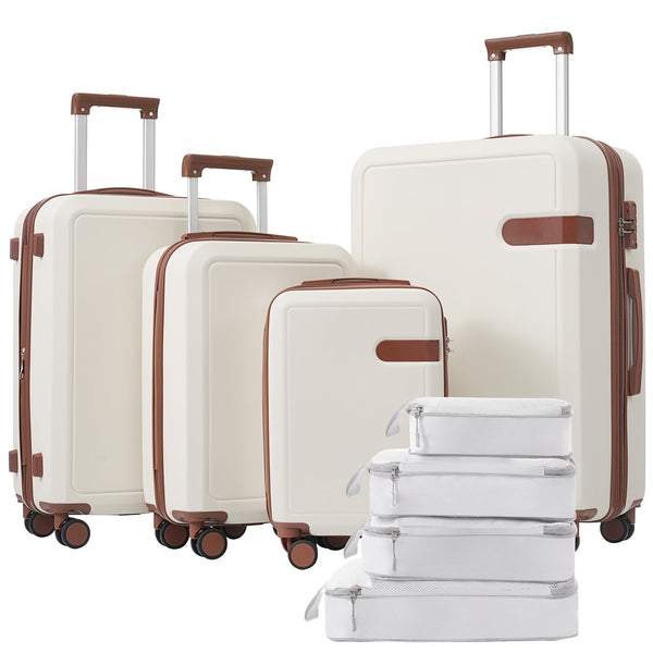English Elm 4 Piece Hard Shell Abs Luggage Set with Spinner Wheels Tsa Lock and Packing Cubes Brown+White N732P197378K
