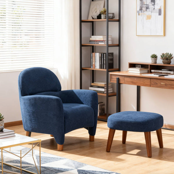 English Elm Modern Upholstered Accent Chair with Ottoman Set for Cozy Reading Nooks and Small Spaces Blue W2085P382558