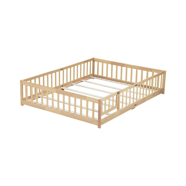 English Elm Queen Rubber Wood Floor Bed with Full Perimeter Safety Fence and Hinged Access Door Natural W504P429341