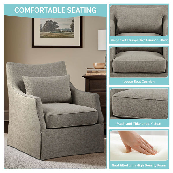 JLA Home Martha Stewart - London Skirted Swivel Armchair with Lumbar Pillow — Farmhouse Linen Look, 360° Smooth Rotation Tan Multi MT103-1198