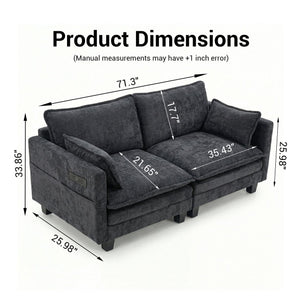 English Elm Modern Chenille Three Seat Sofa with Ottoman Usb Charging Ports and Storage Pockets Black W2519S00002