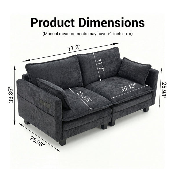 English Elm Modern Chenille Three Seat Sofa with Ottoman Usb Charging Ports and Storage Pockets Black W2519S00002