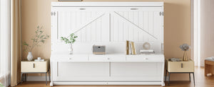 English Elm Queen Murphy Bed Cabinet with Vanity Desk Hydraulic Lift Mirror Distressed Finish White LP000766AAK-1