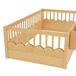 English Elm Twin Low Profile Kids Floor Bed Pine Wood Frame with Safety Rail and Built in Bookshelf Natural W1580P373137