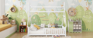 English Elm Twin Montessori Floor Bed House Frame with Led Lighting and Safety Rails for Kids White W2593P440589