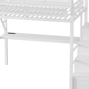 English Elm Full Loft Bed with Desk and Charging Station, Metal Loft with Stairs, Wardrobe, Shelves & Light White W2580S00046