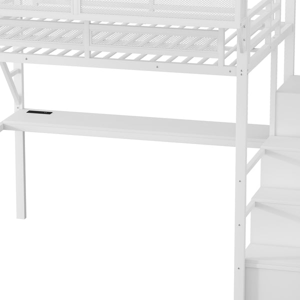 English Elm Full Loft Bed with Desk and Charging Station, Metal Loft with Stairs, Wardrobe, Shelves & Light White W2580S00046