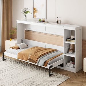 English Elm Twin Space-Saving Murphy Bed with Bookshelf and Fold-Down Desk, LVL/MDF, Compact Modern Design White GX002221AAK