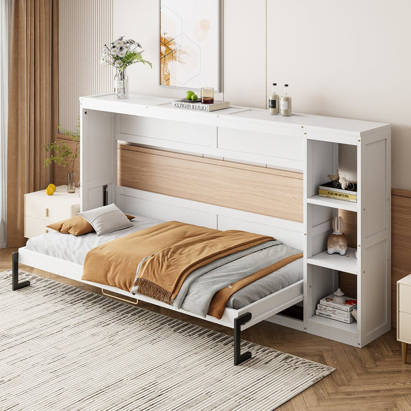 English Elm Twin Space-Saving Murphy Bed with Bookshelf and Fold-Down Desk, LVL/MDF, Compact Modern Design White GX002221AAK