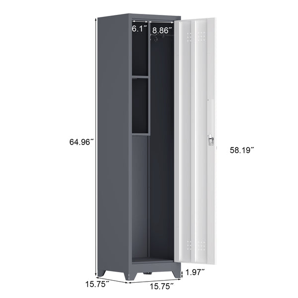 English Elm Metal Slim Broom Cabinet Lockable Steel Storage Unit with Hooks for Utility Spaces T3625P448064