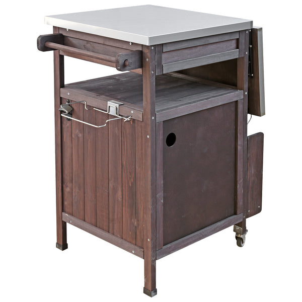 English Elm K&K 40.5" Outdoor Grill Cart with 201 Stainless Top, Solid Fir Storage, Drop Leaf & Lockable Wheels Brown N707P228272Z