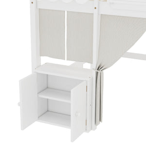 English Elm Full Loft Bed With Bookshelf & Storage - Amusement Park Design, Safety Guardrails, Cozy White Finish W1580S00358