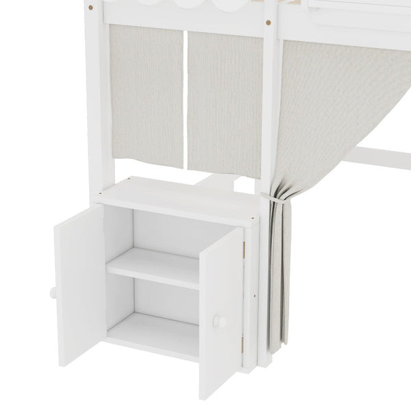 English Elm Full Loft Bed With Bookshelf & Storage - Amusement Park Design, Safety Guardrails, Cozy White Finish W1580S00358
