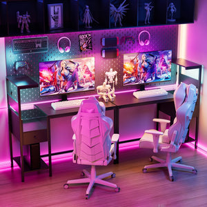 English Elm Computer Gaming Desk with RGB LED Lights, Reversible 4-Tier Shelves, Drawer & Headphone Hook, Space-Saving Workstation Black W578P191952