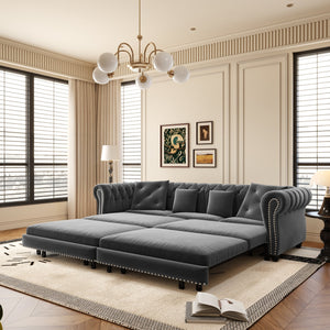 English Elm Chesterfield 3-In-1 Convertible Sofa Bed, Grey Velvet Tufted Sleeper With Ottoman & Pillows, Luxurious Design W1885S00173