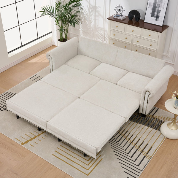 English Elm 86" Chenille Sleeper Sofa with Nailhead Rolled Arms Three Seat Convertible for Any Room Beige W3373S00087