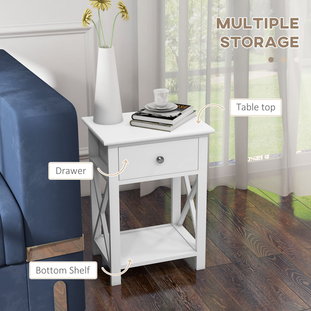 English Elm Side Table Farmhouse X-frame Nightstand with Drawer and Shelf in Matte Finish T3971P384681