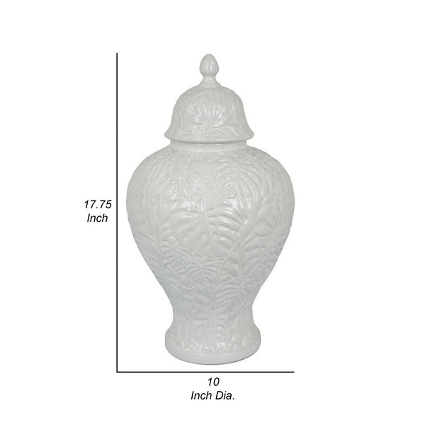 English Elm Deni White Ceramic Temple Jar with Embossed Texture and Removable Lid for Console Tables B056P416855