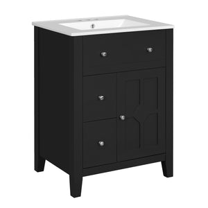 English Elm 24" Modern Bathroom Vanity with Ceramic Basin, French Country Cross-Grid Design & Soft-Close Drawers Black N710P280655B