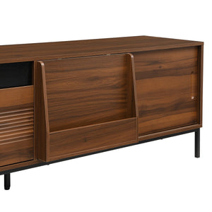 English Elm U-can Mid Century Walnut Media Console with Sliding Doors and Metal Frame for Living Rooms Brown N724P360370D