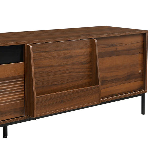 English Elm U-can Mid Century Walnut Media Console with Sliding Doors and Metal Frame for Living Rooms Brown N724P360370D