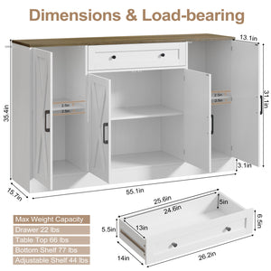 English Elm Buffet Sideboard 55 Inch Farmhouse Credenza with Barn Doors Drawer and Open Shelving White T5618P451110