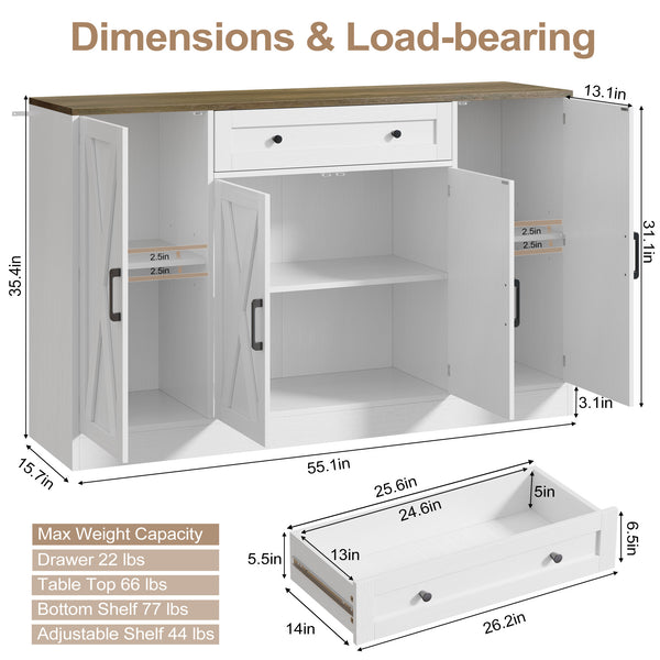 English Elm Buffet Sideboard 55 Inch Farmhouse Credenza with Barn Doors Drawer and Open Shelving White T5618P451110