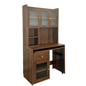 English Elm Computer Desk with Glass Doors, Hutch & Drawer Storage, Rotating 90° Desktop and Spacious Work Surface Walnut W331S00195