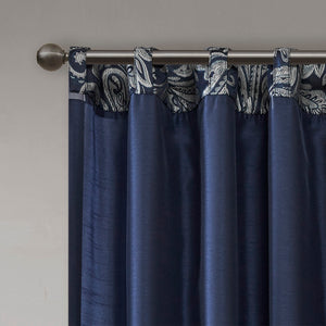 JLA Home Madison Park - Jacquard Aubrey Curtain Panels with Paisley Motif, Faux Silk Piecing, Gold Piping, OEKO‑TEX Certified Elegance Navy MP40-4898