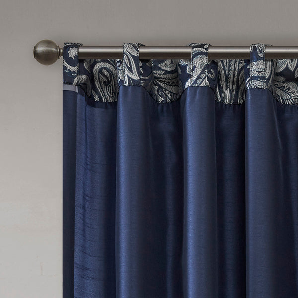 JLA Home Madison Park - Jacquard Aubrey Curtain Panels with Paisley Motif, Faux Silk Piecing, Gold Piping, OEKO‑TEX Certified Elegance Navy MP40-4898