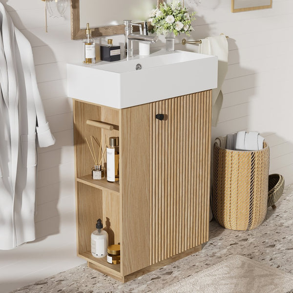 English Elm [video]21.6" Freestanding Bathroom Vanity Ceramic Sink Wavy Door Mdf Cabinet Small Bath Wood N729P285503N