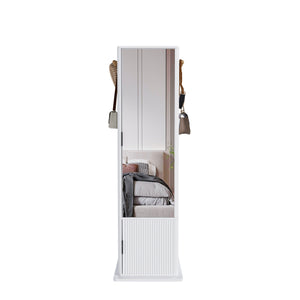 English Elm 360° Rotating Tower Cabinet with Full Length Mirror Open Shelving and Jewelry Storage White W509P456172