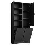 English Elm Bathroom Storage Cabinet With Doors and Drawers, Tilt-Out Laundry Hamper, Multiple Storage Space, Freestanding Style, Open Shelve, Adjustable Shelf, Black