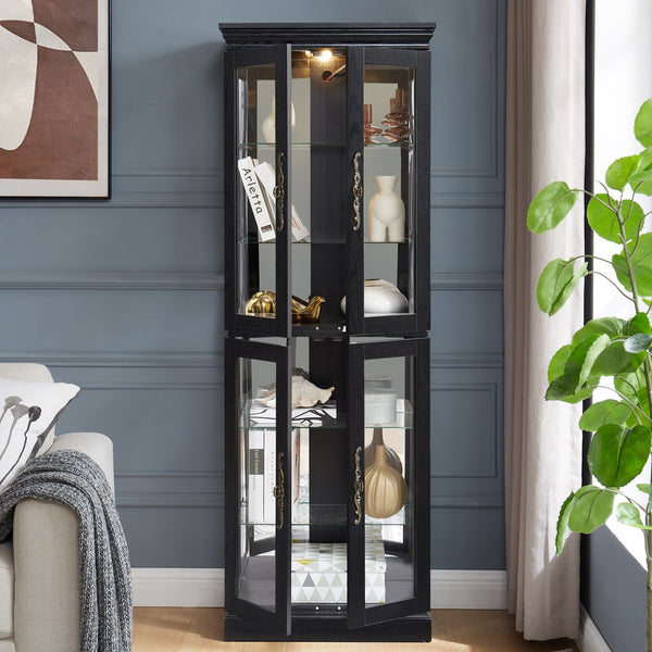 English Elm Elegant Lighted Glass Curio Cabinet with Vintage Carved Handle, Adjustable Shelves, Soft LED Glow, Quiet Hinge (37x15x15) W2275P389763