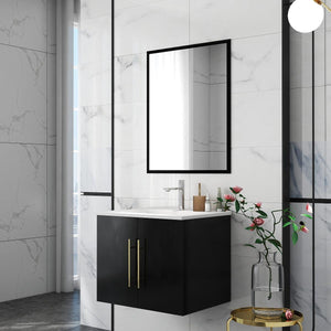 English Elm 24-Inch Modern Wall-Mounted Bathroom Vanity With Sink & Mirror, Soft Close Doors & Gold Accents W3151S00035