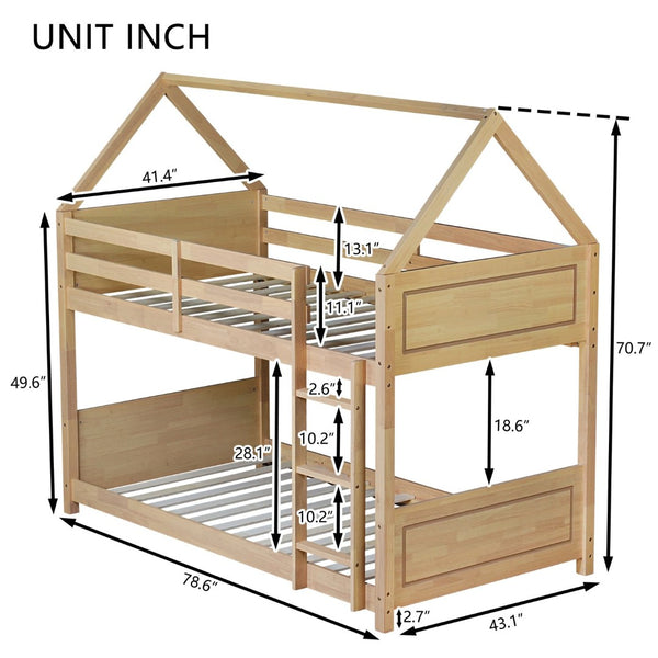 English Elm Twin House Floor Bunk Bed With Guardrails & Ladder - Solid Rubberwood, White Oak Finish, Ideal For Kids W504P227942-GIGA