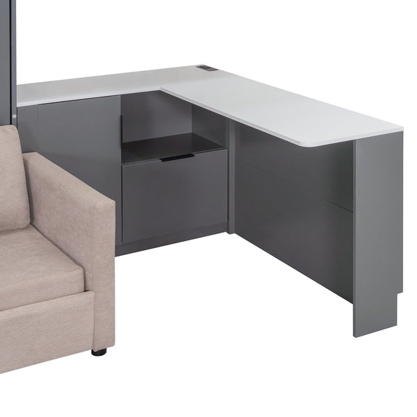 English Elm Queen Murphy Wall Bed Hydraulic Lift Velvet Sofa Built-in Shelves Led Studio Unit Dark Gray LP000392AAE